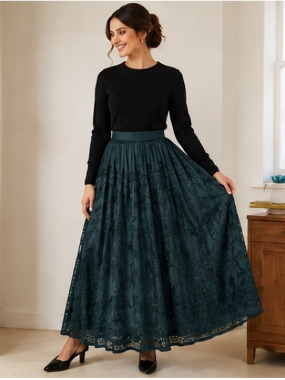 Elegant Dark Green Velvet Burnout Maxi Skirt